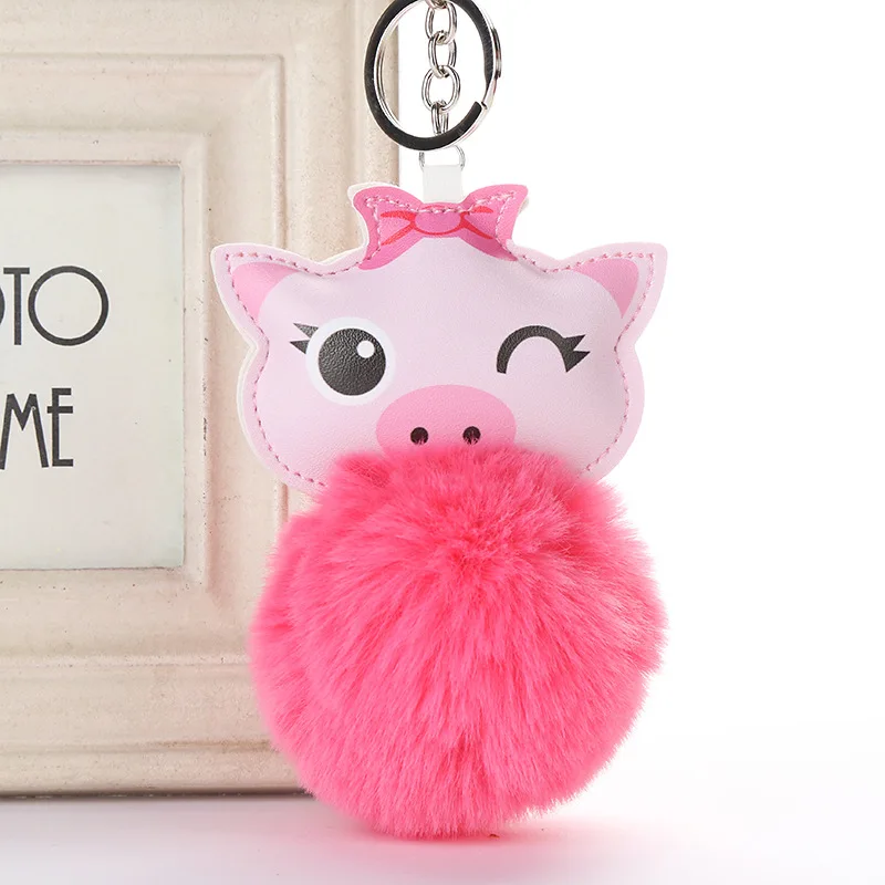 

Fashion Pompom Keychain Fake Rabbit Fur Ball KeyChain Pig Pompom Key Chain Pom Pom Animal Key Ring Women Bag Jewelry