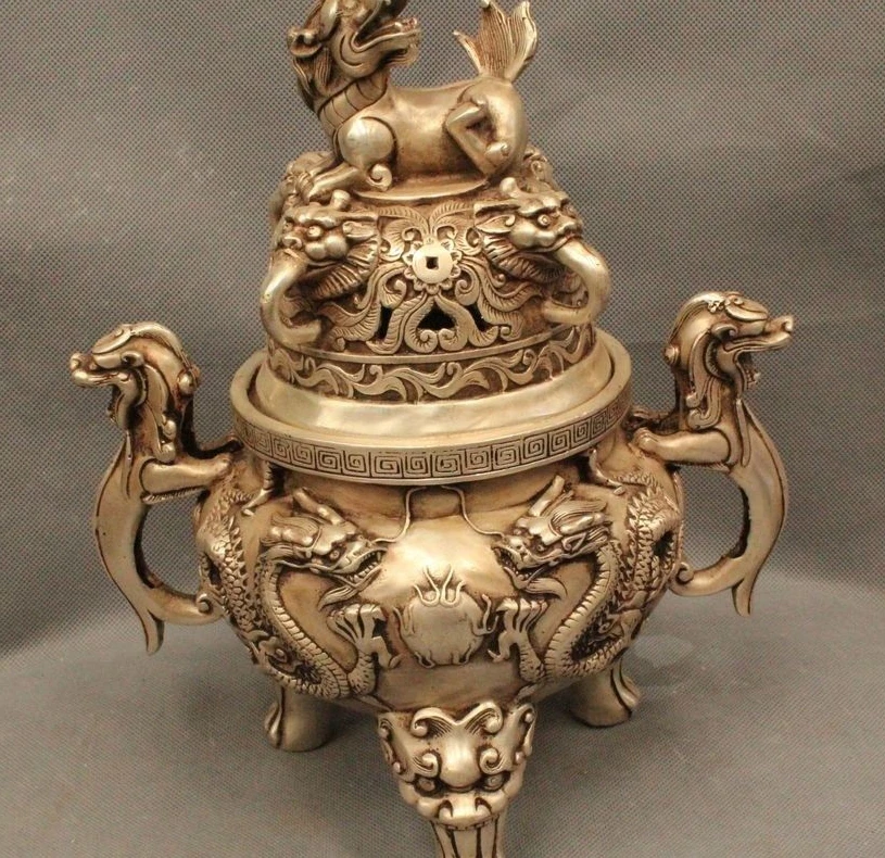 

11"China Chinese Dynasty Palace Silver Foo Dog Dragon Incense Burner Censer