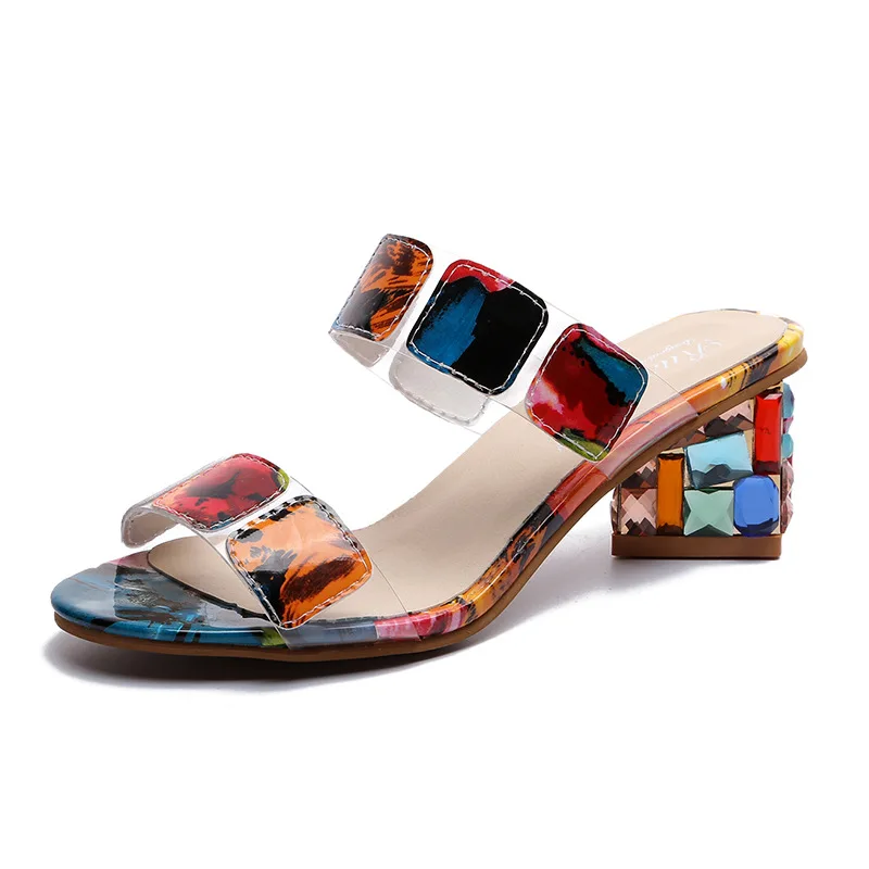 

Crystal diamond thick with ladies sandals summer square color jelly shoes color diamond plastic rubber sandals