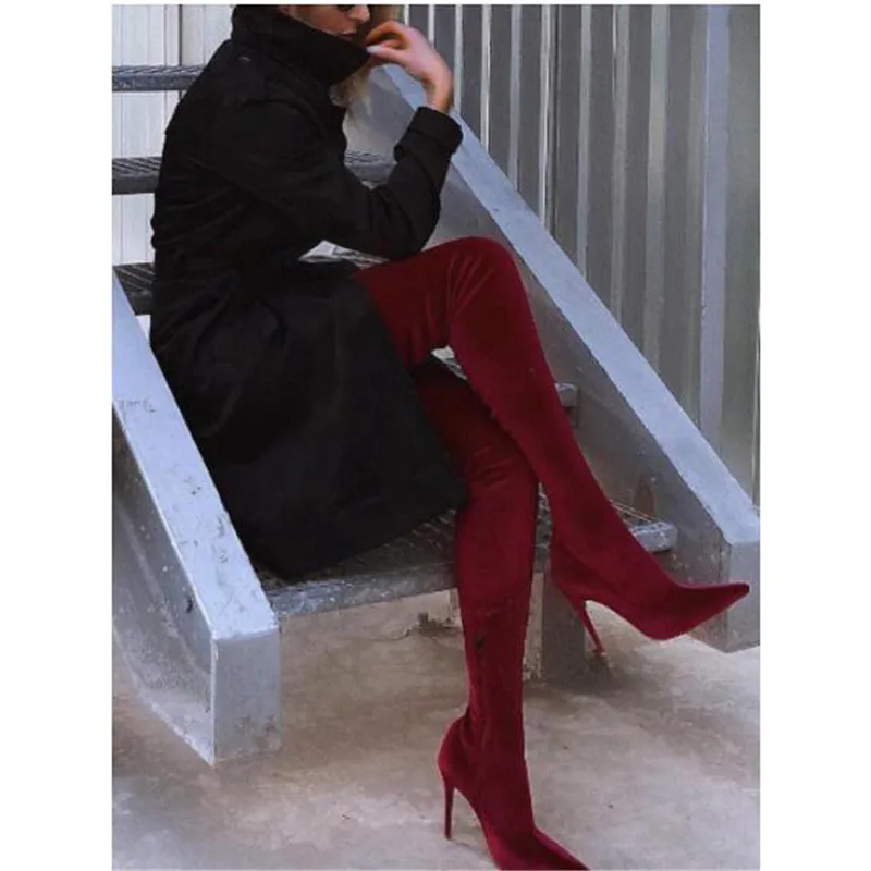 Stilettos Mode Royal Red Stiefel Oberschenkel green Gladiator wine Spitz Party Frauen Wildleder Über Knie Blau Zipper Blue Hohe Kleid Seite Schuhe rqxqI7H