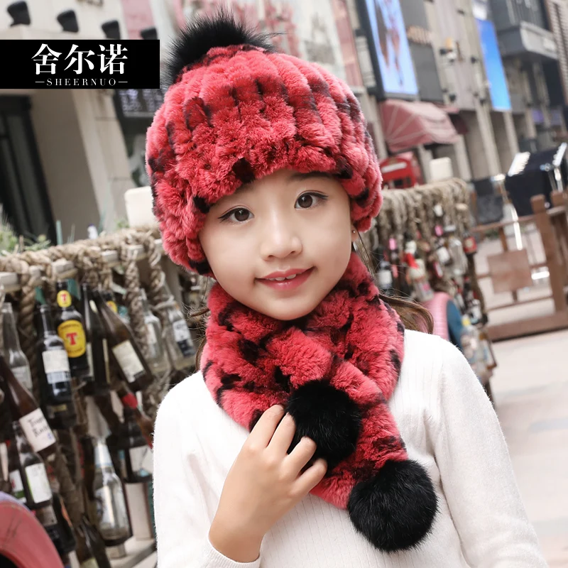 

Fur beaver rabbit fur children's hat scarf two suit winter warm 1-10 years old baby lovely men and women universal