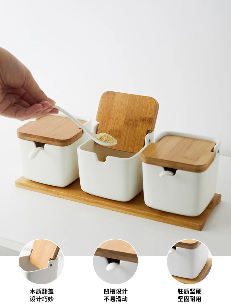 Набор керамических банок для специй, набор из 3 предметов, японский стиль, кухонный инструмент для хранения приправ с крышкой, кухонные аксессуары