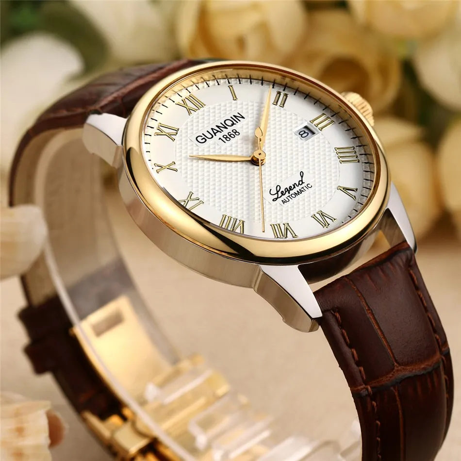 GUANQIN Mens watch Luxury Automatic Watch Men Mechanical Movement Wristwatches Waterproof Watches Top Brand White Day Display