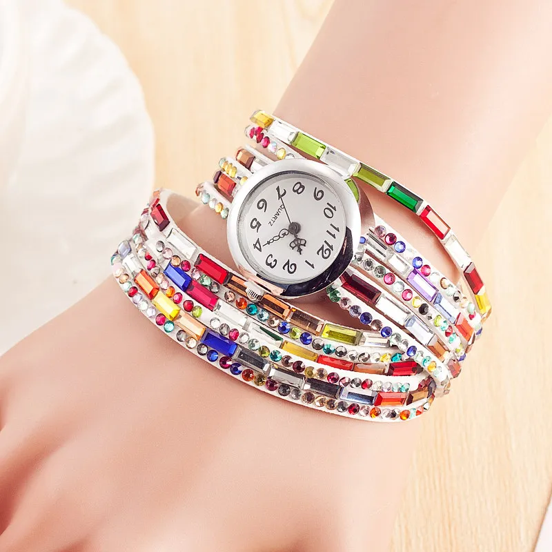 Модные женские часы из кожи цвета, женские повседневные кварцевые часы, блестящий браслет часы с кристаллами, Relogio Feminino Montre Femme - Цвет: Белый