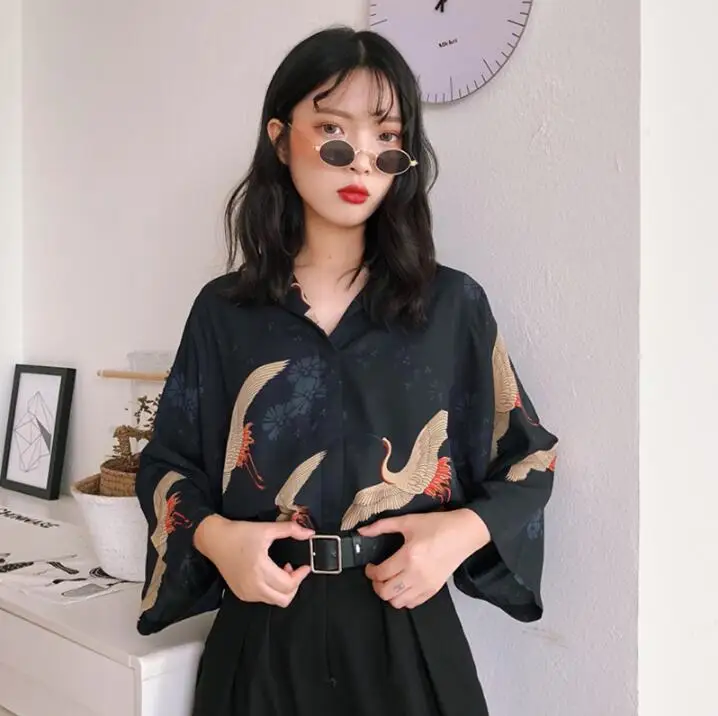 Women's Shirts Lady Kawaii Ulzzang Ins Chic Retro Loose Slim V-neck Crane Print Shirt Girl Punk Harajuku Tunic For Women Casual - Цвет: Синий