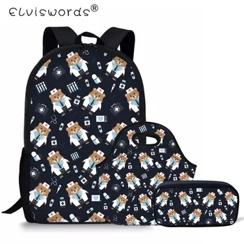 

ELVISWORDS School Backpack Set Doctor Bear Pattern Girls Bookbags Kids Camouflage Students Rucksack Shoulder Bag For Children