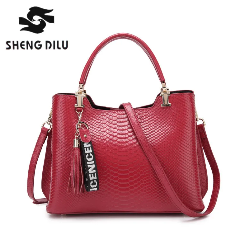 SHENGDILU Women Tassel Genuine Leather Handbags Tote Bag Sweet Ladies