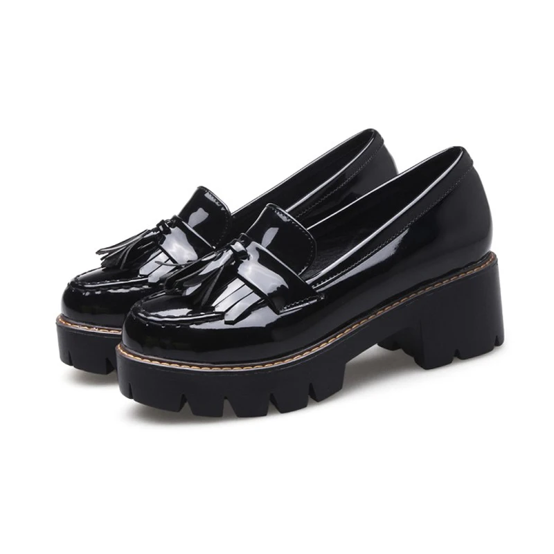 Loafers Handmade Patent Leather Ladies Oxfords Shoes Full season Casual Women Pumps Tassel Black Oxford Shoes For Women Size 43 (6)