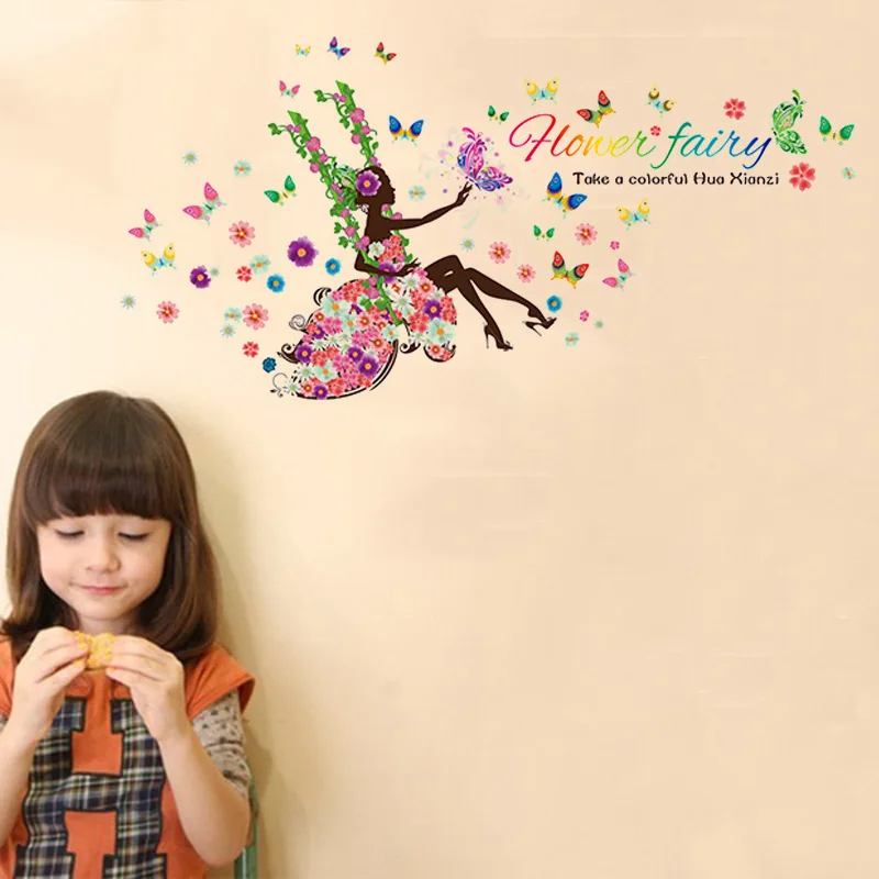 60*90 см DIY черный цветок наклейки на стену Феи подарок для девочек гостиной комнаты