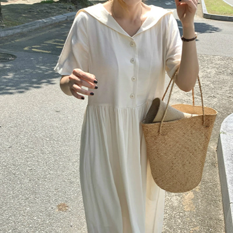 

Women Summer Long Cotton Shirt Dress Ruffle A- Line Sailor Collar Vestidos White Robe Femme Sukienki Casual Sommerkleid Jurken