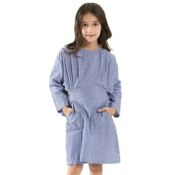 

2018 Casual Teen Girls Long Sleeve Pocket blue Stripe Dress Big Girl Wedding Party Dresses Children Clothing 6 8 10 12 14 16Year