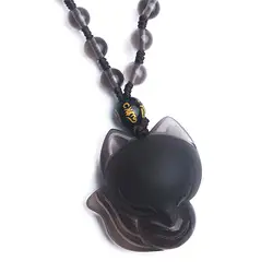 Натуральный кристаллический обсидиан драгоценный камень подвеска с черным коженным ремешком ожерелья 34*26*13 мм лиса падение животное с