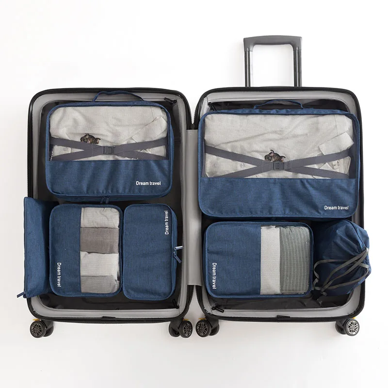Дорожный чемодан, органайзер для одежды, 7 шт., нижнее белье, обувь, Сортировочная сумка, складная косметичка, сумка для макияжа, сумка для багажа, аксессуары - Цвет: Синий