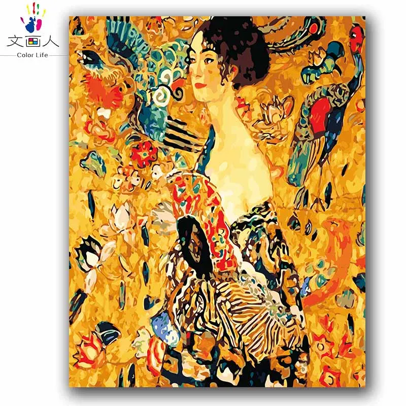 

Coloring by numbers Woman with a fan Gustav Klimt picture Abstract figure pictures painting by numbers with kits for hoom decor