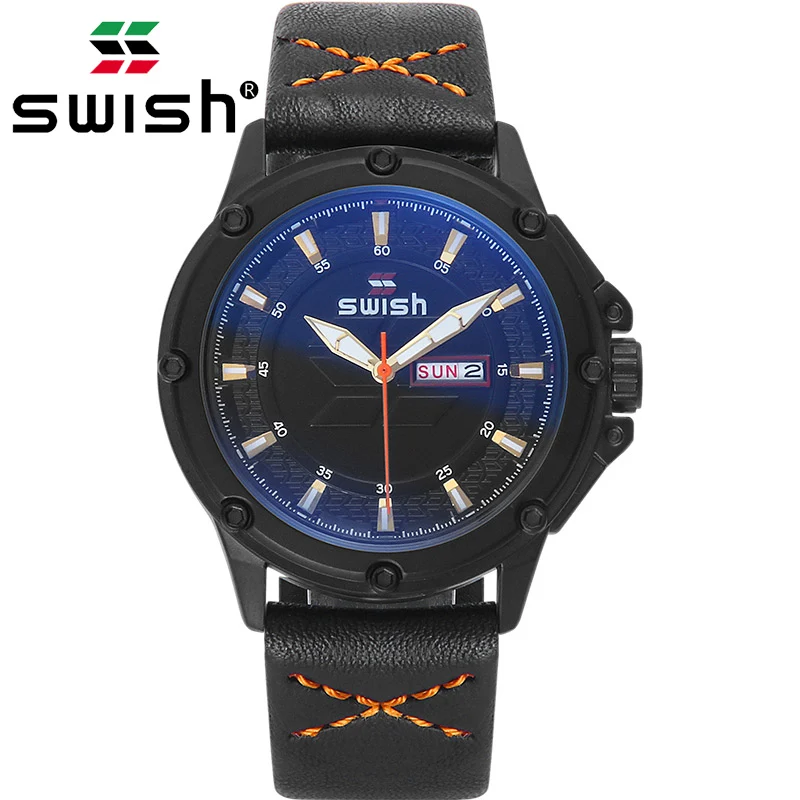 

SWISH Mens Watches Top Brand Luxury Quartz Watch Men Casual Black Leather Waterproof Sport Wrist Watch