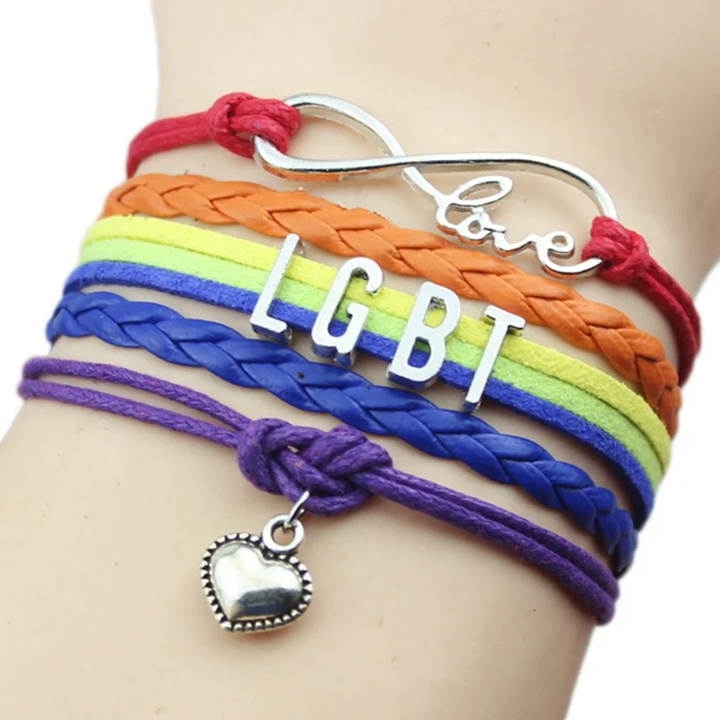 

LGBT Rainbow Wrap Bracelet Gay Lesbian Pride Multilayer Rope Wide Bracelets Love Heart Charms Bangle Drop Shipping