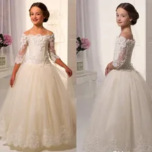 Элегантный Милая Девушка Длиной до пола Кружева Рукав От плеча Аппликации Бальное платье Детские Платья