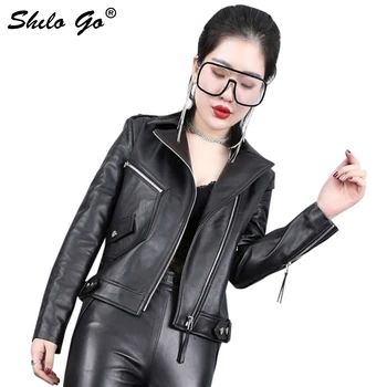 

SHILO GO Leather Jacket Womens Spring Fashion sheepskin genuine leather coat lapel collar concise Casual black zipper jacket