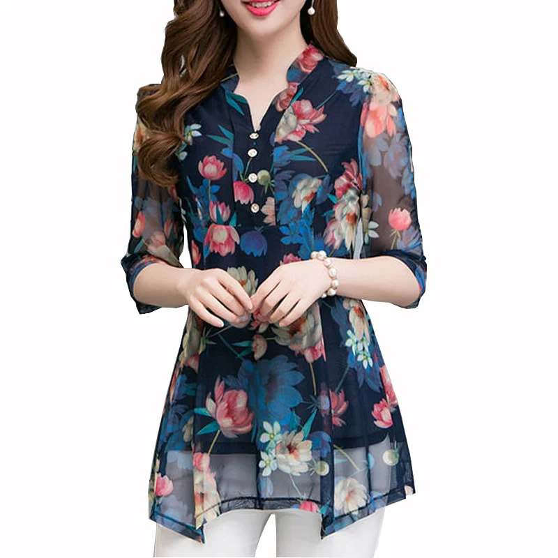 Летние блузки размера плюс Женская туника рубашка с длинным рукавом цветочный принт v-образный вырез блузки и топы с пуговицами женская одежда