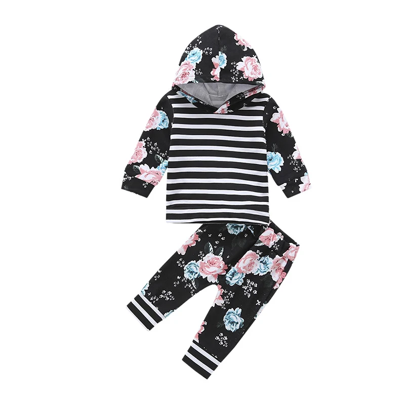 

baby girl clothes 2019 new listing spring and autumn winter infant girl cotton casual hooded sweater print broken strips 2 sets