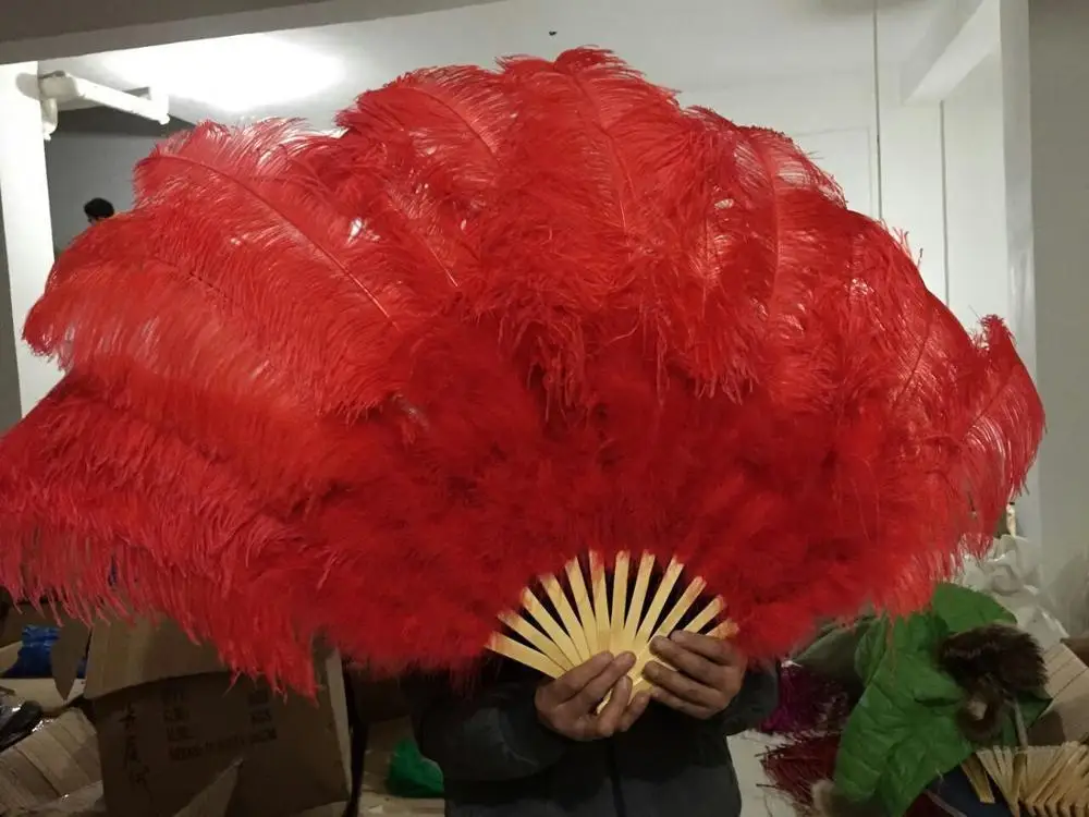 Новинка! Большой страусиные перья двойной вентилятор бамбуковая ручка украшения для Хэллоуин-вечеринки ювелирные изделия нужно 12 костей танец живота вентилятор DIY - Цвет: red