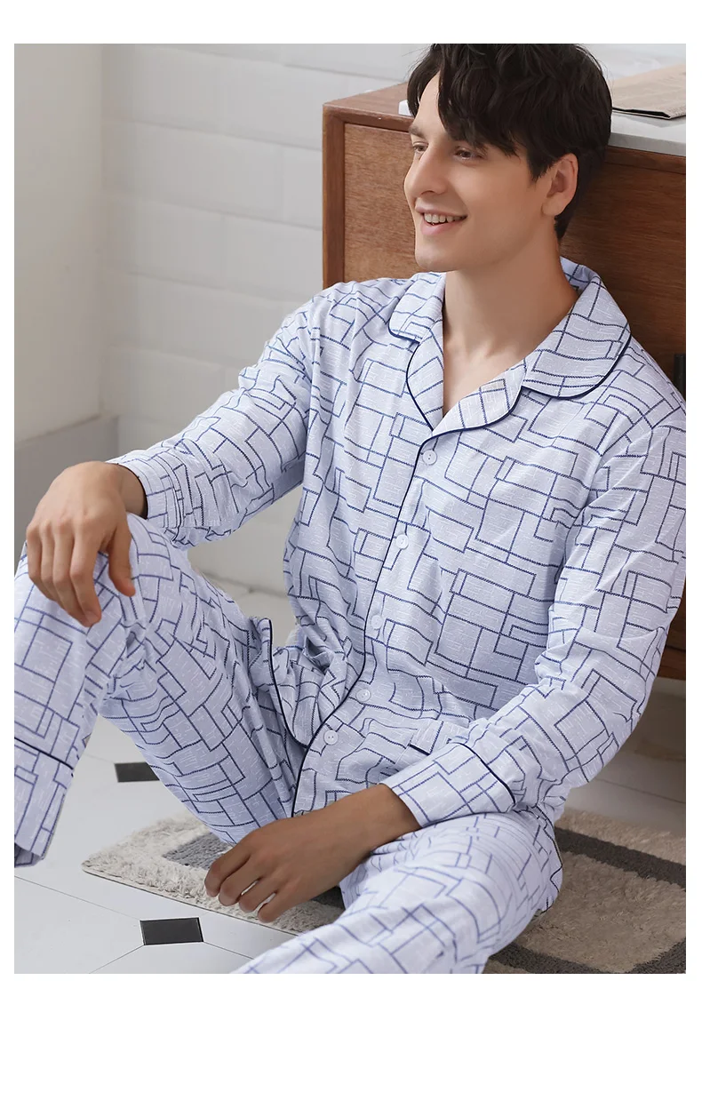 J & Q 2019 новые пижамы мужской, с длинными рукавами кардиган ночная рубашка хлопковые низ нагрудные высокое качество домашняя одежда