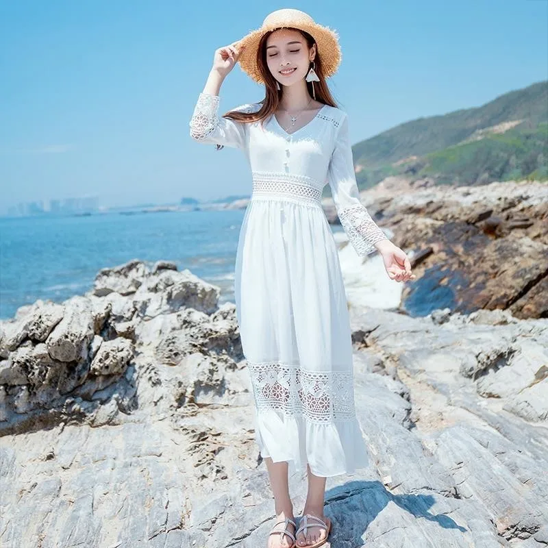 

Summer Lace Dress Women V-neck Work Casual Slim Sexy Hollow Out White Black Beach Party Dresses Vintage Vestidos