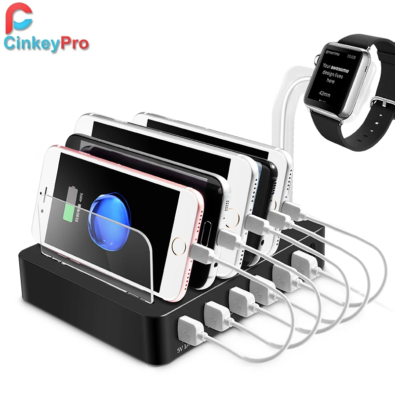 CinkeyPro 6 Ports USB Tables Charger with for Apple Watch Dock Samsung iPhone iPad Universal