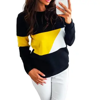 

2018 Autumn Pullover Female Color Patchwork Kpop Sweatshirts O-Neck Long Sleeve Sweatshirt Women Tops SJ216X