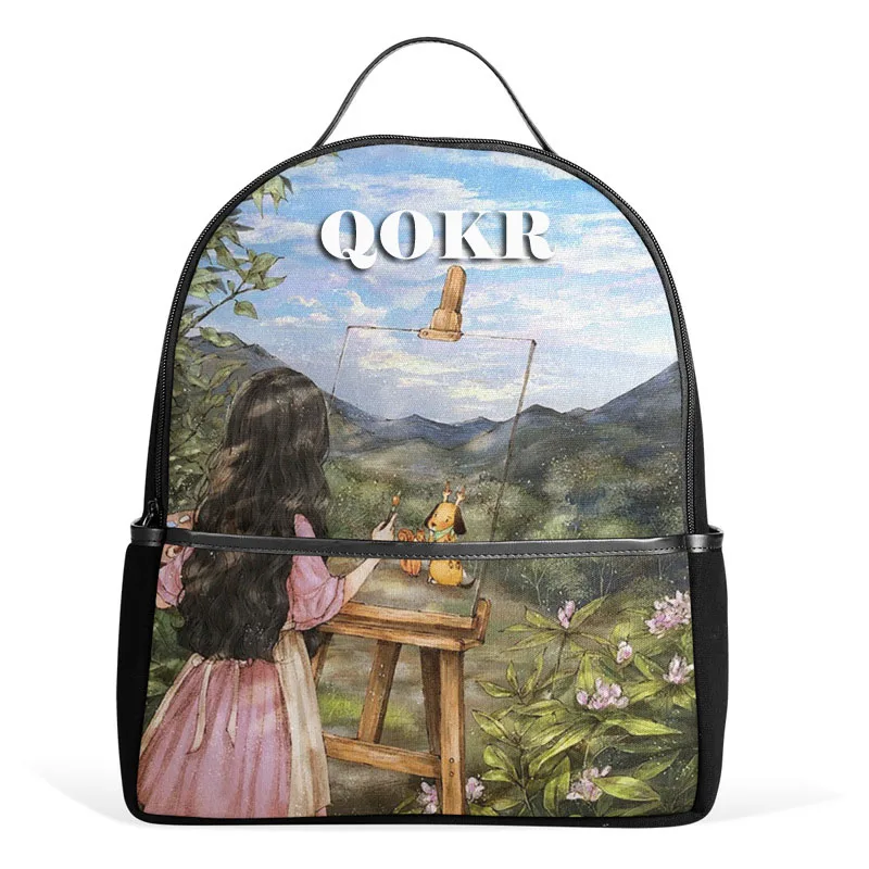 QOKR backpack women canvas high school bags female mochilas students backpacks for adolescent girls drawing nature