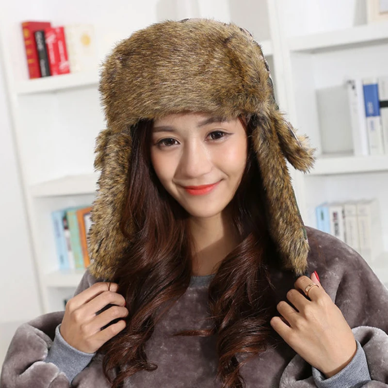 

HT1379 Unisex Winter Warm Bomber Hats Men Women Russian Ushanka Caps Classic Camouflage Faux Fur Trapper Hat Wind Proof Earflap