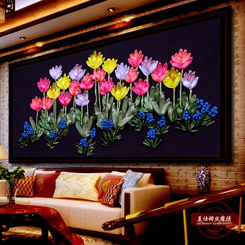 

DIY Ribbon Embroidery Flowers Tulips Picture Decorative Canvas Painting Needlework Sewing Craft Cross Stitch Wall Decor F-0056