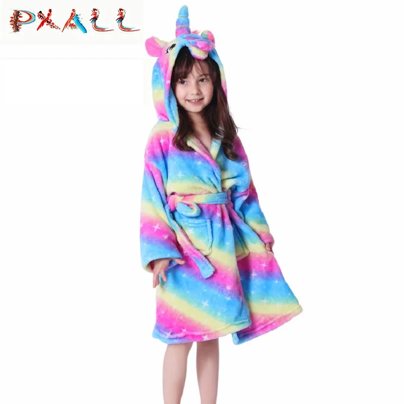 Rainbow starry sky 1 Детский банный халат с рисунком единорога для маленьких девочек; фланелевый мягкий халат; Пижама; модная детская одежда с капюшоном кораллового цвета - Цвет: Rainbow starry sky 1