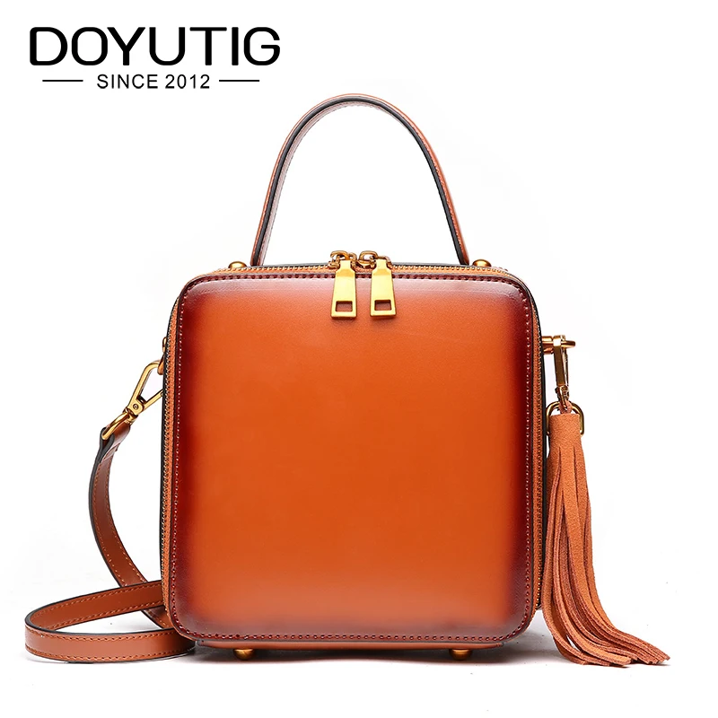 

DOYUTIG Simple Design Women's Genuine Leather Square Flap With Tassel Luxury Fashion Cross-body Bags For Lady Casual Totes F626