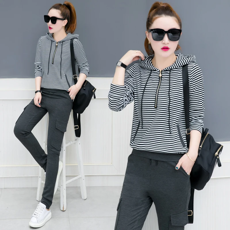 

spring new fashion women sweatshirts hoodie outfit two pcs long-sleeved striped hoodies suit solid pocket trousers tracksuit