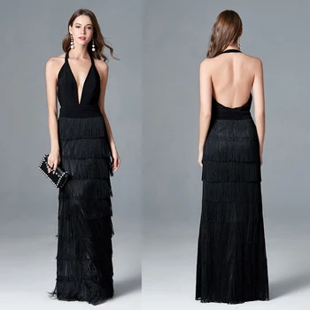 

Deep V-neck Celebrity Dresses Sexy Sleeveless Vestido Preto Women Tassel Evening Party Gown Formal Backless Robe De Soiree