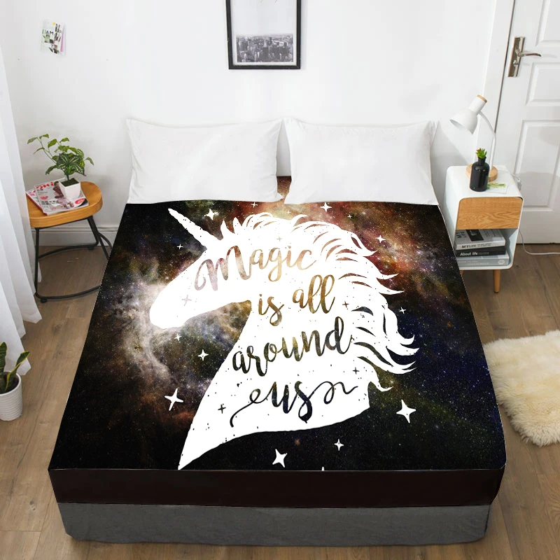 

3D HD Digital Printing Custom Bed Sheet With Elastic,Fitted Sheet Twin Full Queen King,Mattress Cover 160x200,Magic unicorn