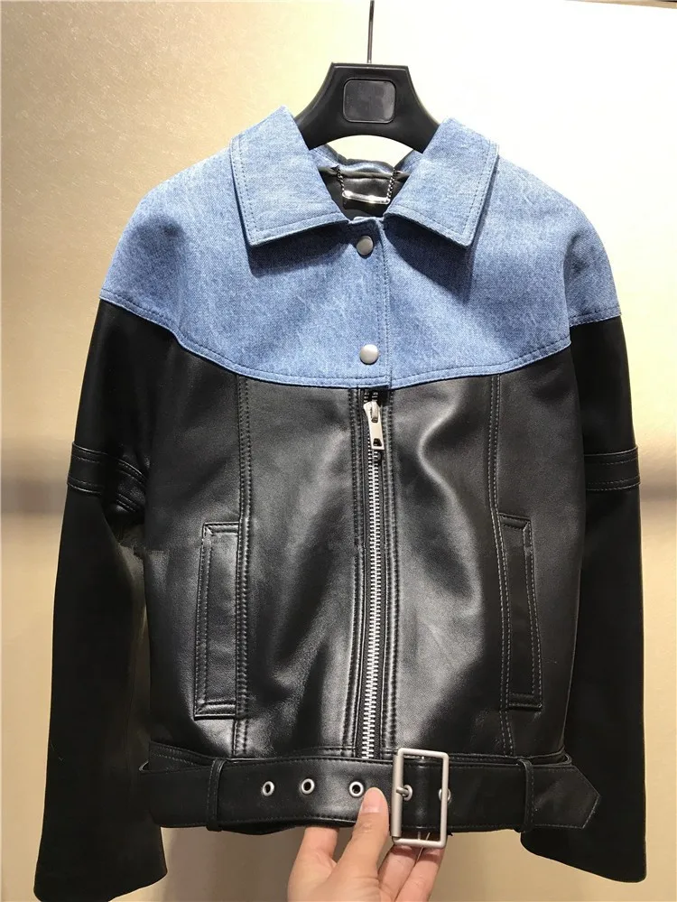 European style women's real leather jackets Fashion 2019 spring denim patchwork sheepskin moto & biker jackets coat G119