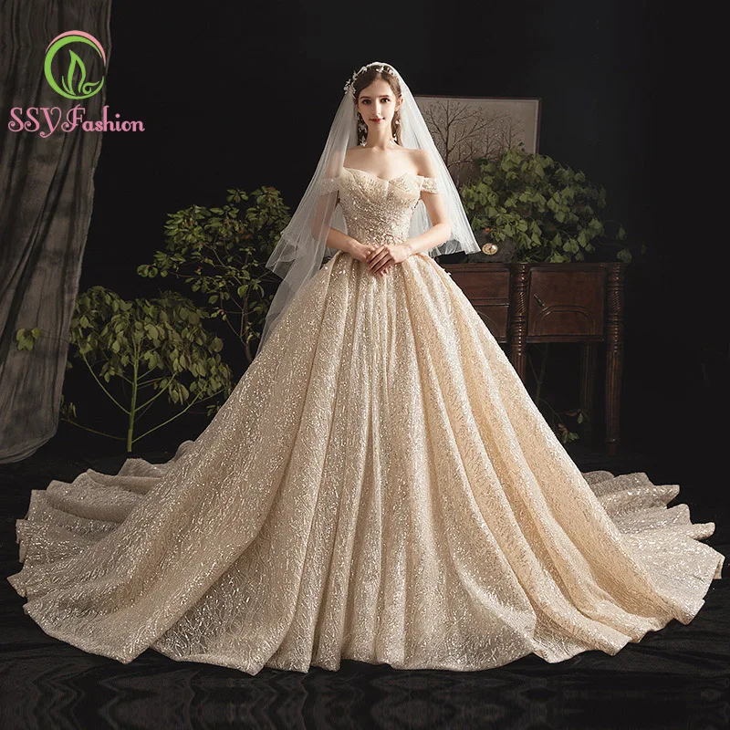 

SSYfashion Boat Neck Off The Shoulder Lace Up Back Ball Gown Sequined Floor-Length Sweep Train Luxury Wedding Dresses Custom