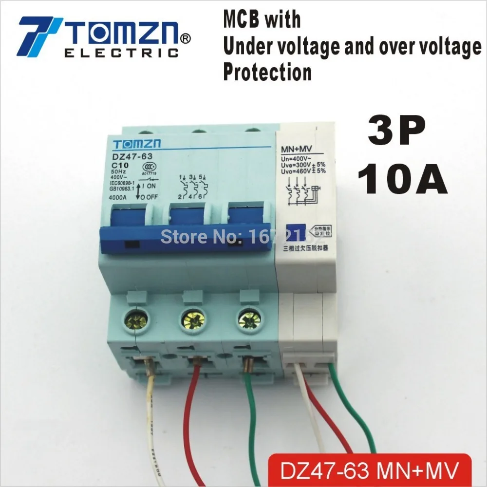 

3P 10A 400V~ 50HZ/60HZ MCB with over voltage and under voltage protection Mini Circuit breaker C45 C type