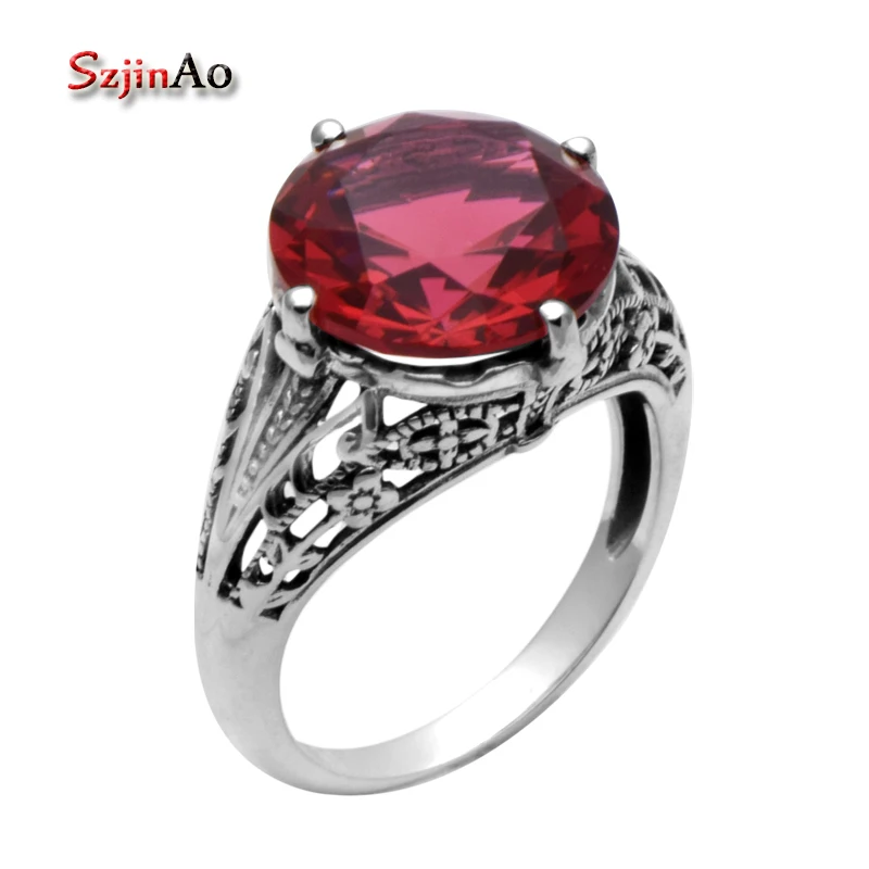 

Szjinao Charming Red Ruby Rose Stone 925 Sterling Silver Rings For Women Vintage Punk Red Tourmaline Precious Jewelry