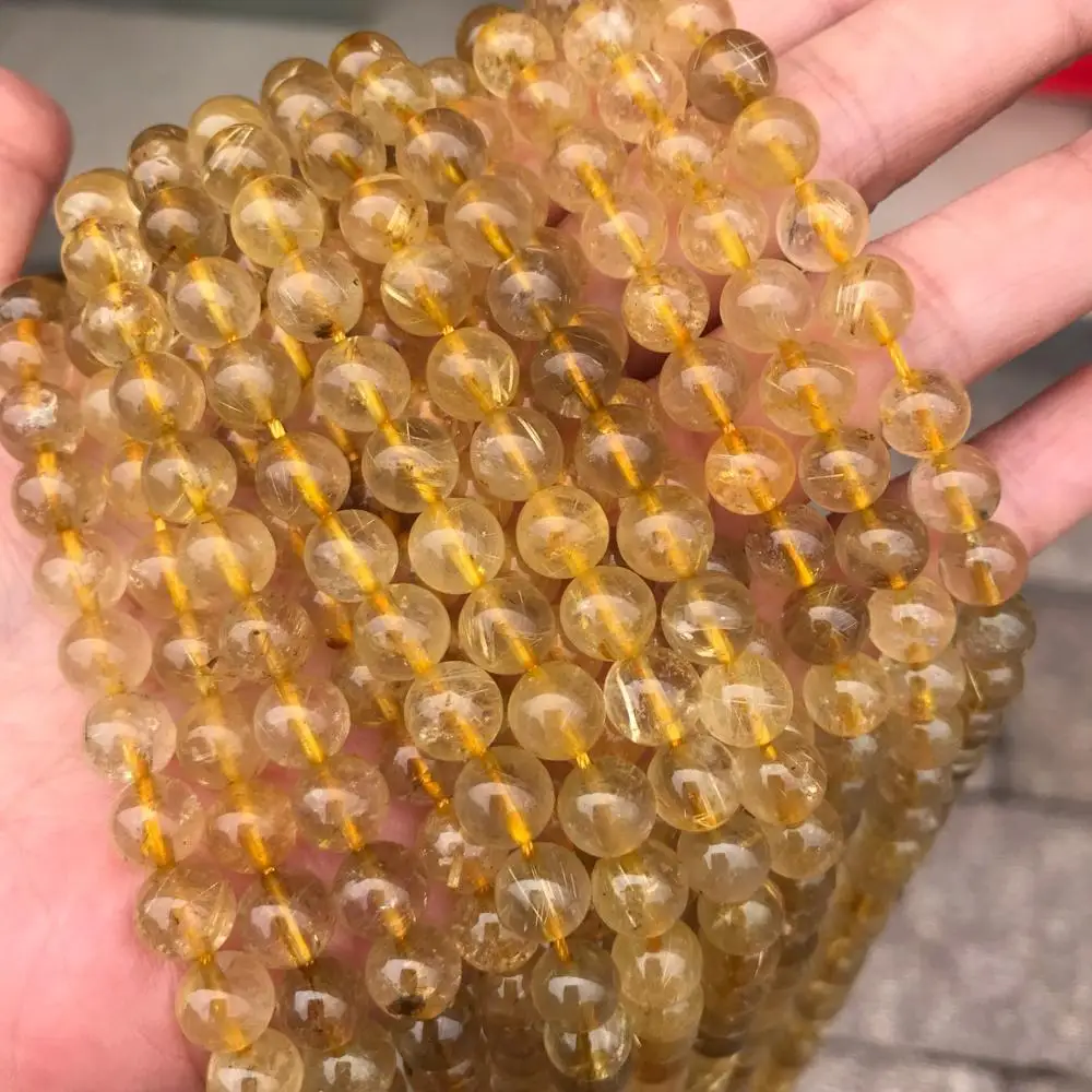 

6/8/10mm Natural Gold Rutilated Quartz Stone Beads Round Loose Golden Hair Crystal Stone Beads For Jewelry Making DIY 15''
