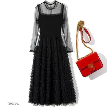 

European style 2019 New arrivals summer Spring fashion women clothes temperament patchwork mesh vintage dress T3091