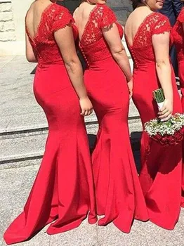 

New Arrival Cap Sleeve Mermaid Bridesmaid Dresses Red Appliques Gowns Vestido De Festa De Casamen Formal Party Prom Dress