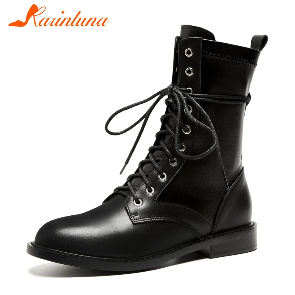 

KARINLUNA 2019 Autumn Winter New Quality Women mid-calf Boots Genuine Leather lace-up Flat Boots Low Heels Shoes Woman