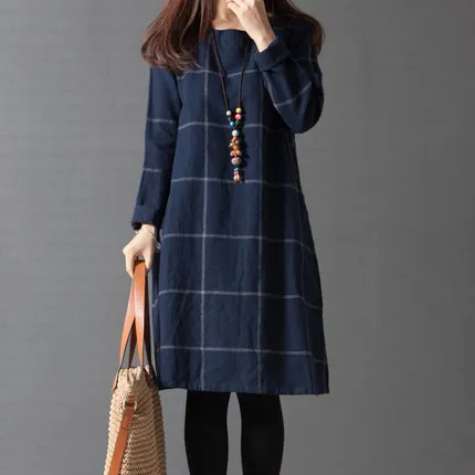 

2018 New Autumn Casual Women Cotton Linen Plaid T Shirt dress,Vintage Woman Winter Dress, Women's Long Sleeve Thin Dresses