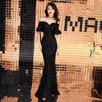 

Sexy Black Mermaid Evening Gowns Sequined Off the Shoulder Bodycon Strapless Luxury Elegant Fishtail Women Banquet Dress G561