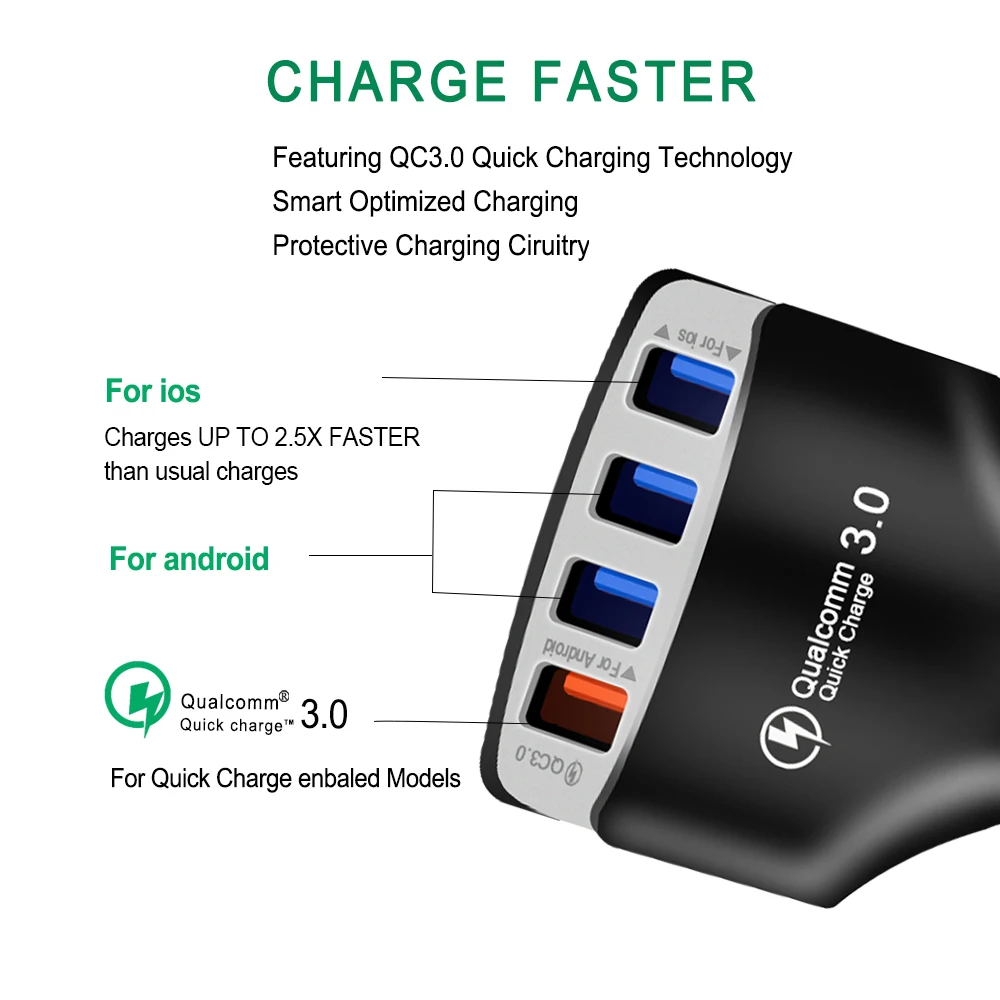 سريع شاحن 3.0 شاحن سيارة 3A متعددة الوظائف 4-ميناء USB سيارة الهاتف شاحن آيفون Xiaomi