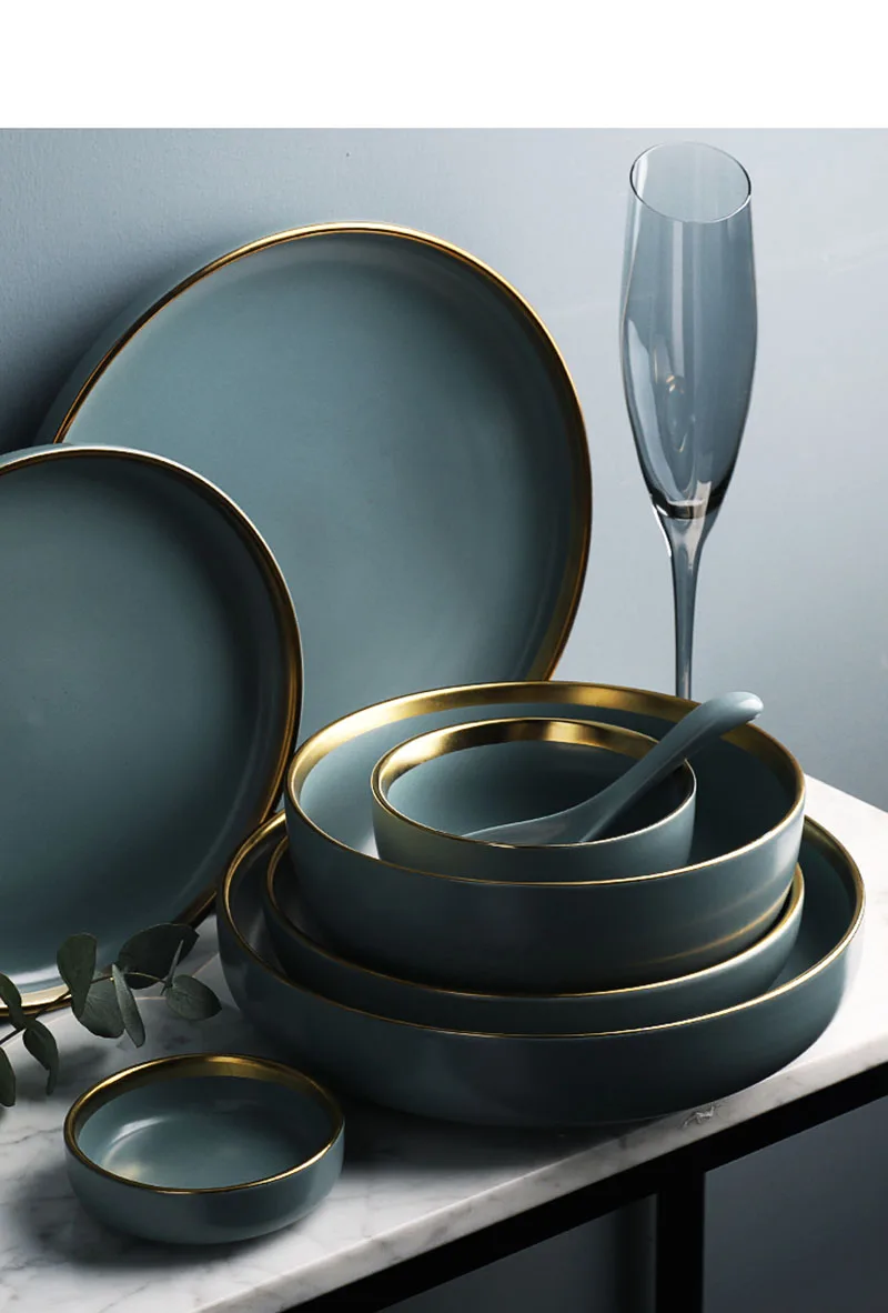 KINGLANG, новинка, синие, золотистые керамические тарелки, домашние ...