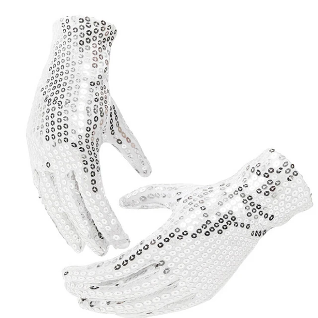 White Silver Sparkly Sequinned Fancy Dress Party Michael Jackson Glove :  : Toys & Games